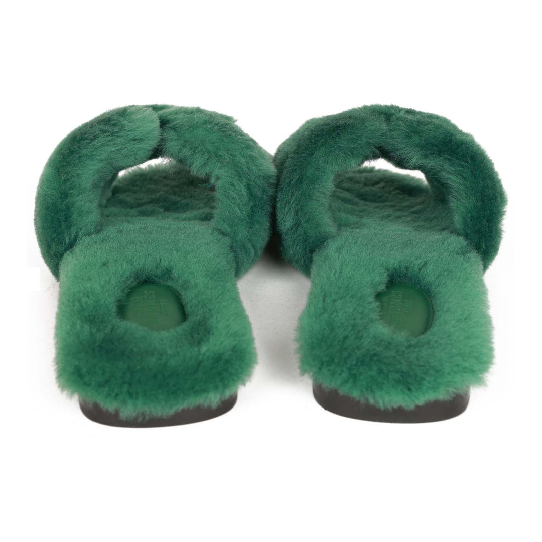 Top quality Hermes Oran Sandals Vert Anglais Woolskin 38.5
