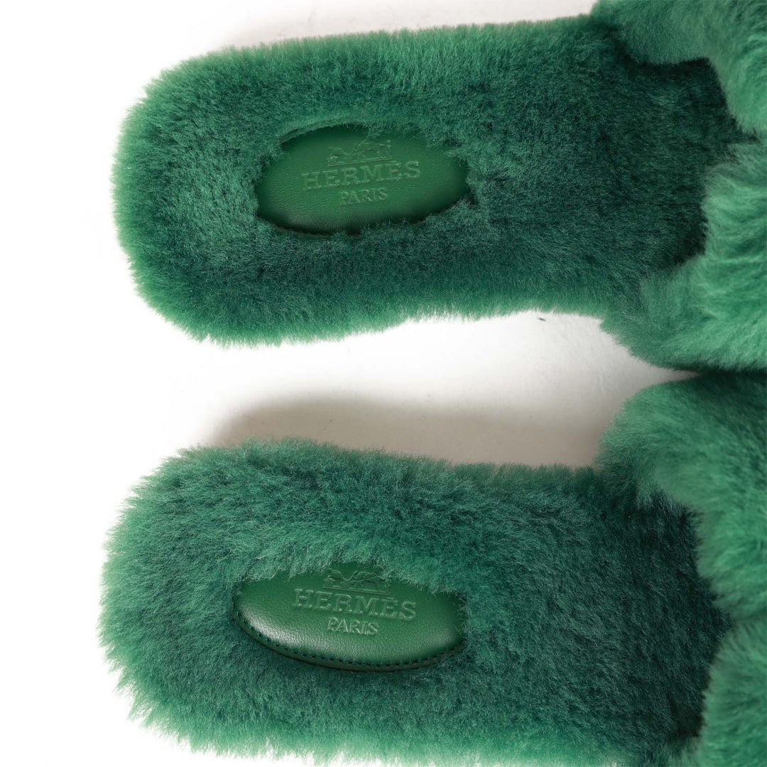 Top quality Hermes Oran Sandals Vert Anglais Woolskin 38.5