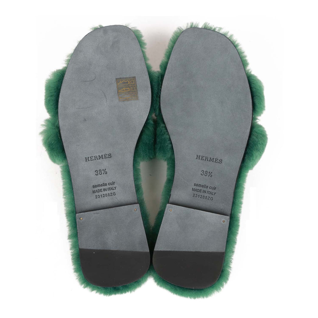 Top quality Hermes Oran Sandals Vert Anglais Woolskin 38.5
