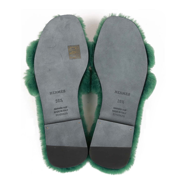 Top quality Hermes Oran Sandals Vert Anglais Woolskin 38.5