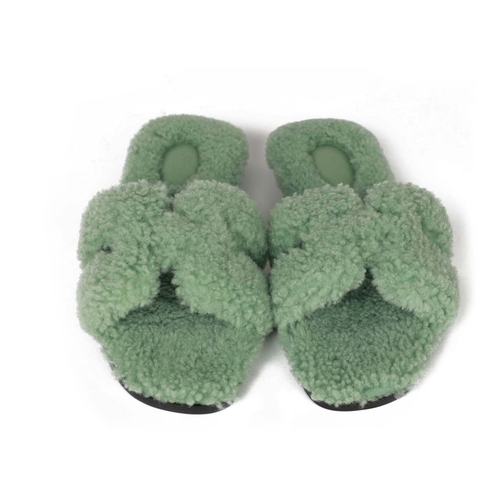 Top quality Hermes Oran Sandal Vert D'eau Shearling 38.5
