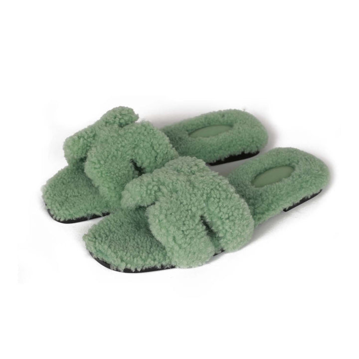 Top quality Hermes Oran Sandal Vert D'eau Shearling 38.5