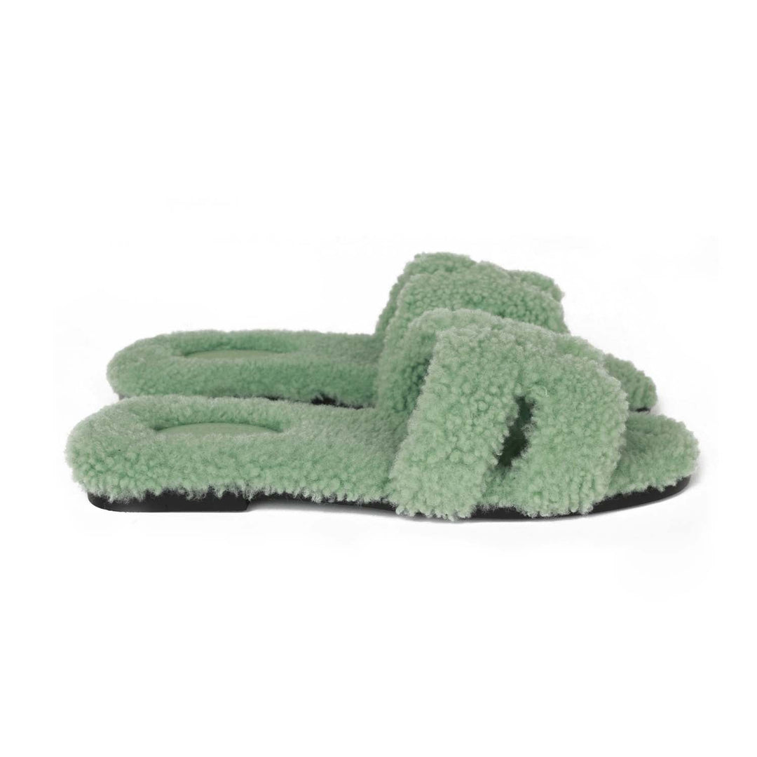 Top quality Hermes Oran Sandal Vert D'eau Shearling 38.5