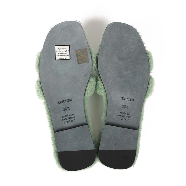 Top quality Hermes Oran Sandal Vert D'eau Shearling 38.5