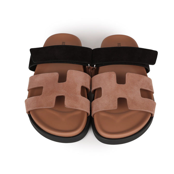 Top quality Hermes Chypre Sandals Rose Perle and Black Suede 38 EU