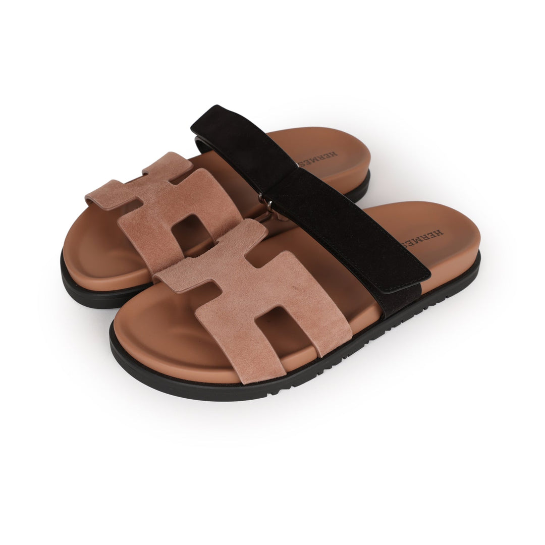 Top quality Hermes Chypre Sandals Rose Perle and Black Suede 38 EU