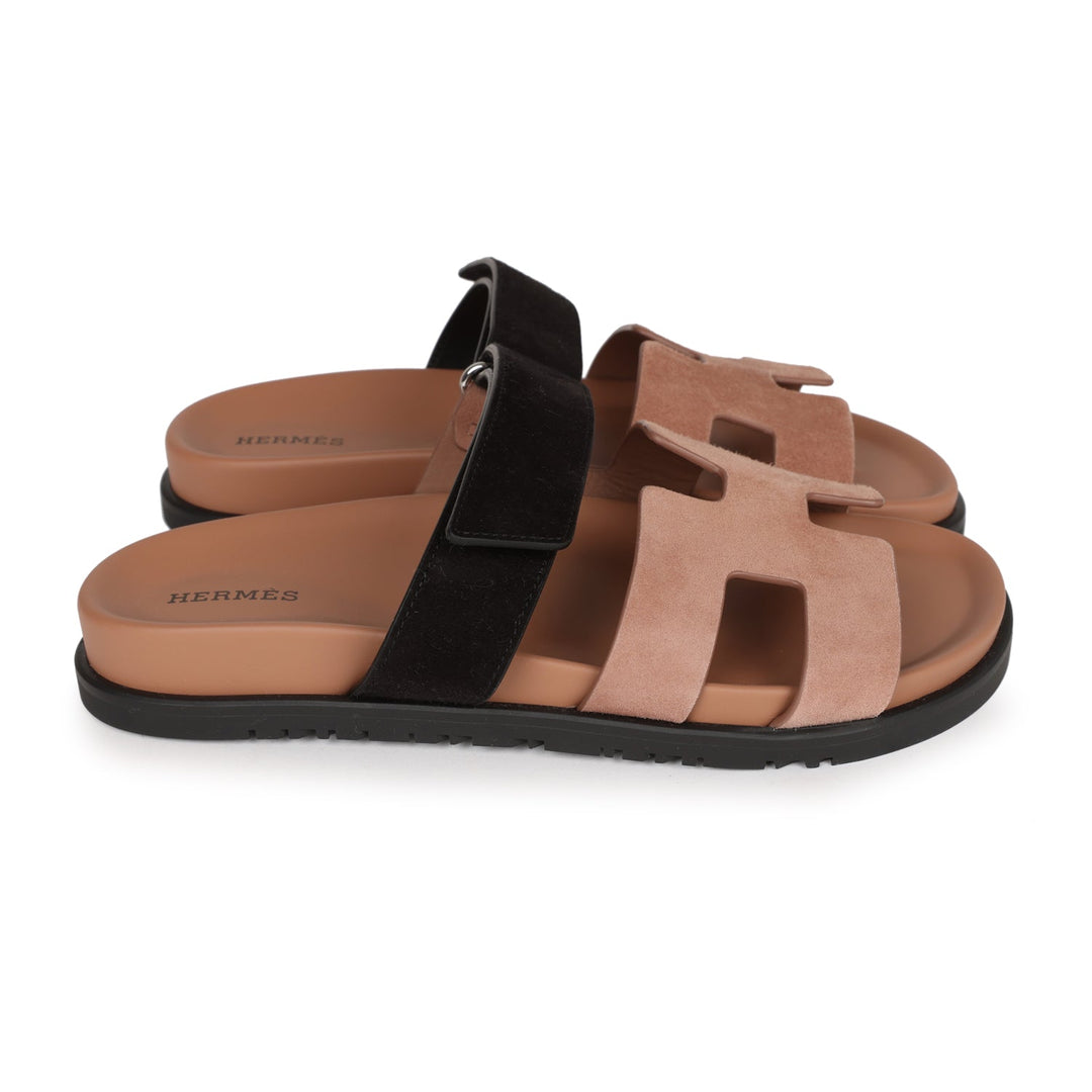 Top quality Hermes Chypre Sandals Rose Perle and Black Suede 38 EU
