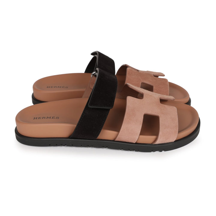 Top quality Hermes Chypre Sandals Rose Perle and Black Suede 38 EU