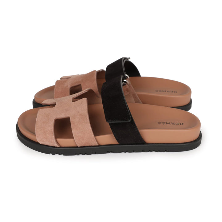 Top quality Hermes Chypre Sandals Rose Perle and Black Suede 38 EU