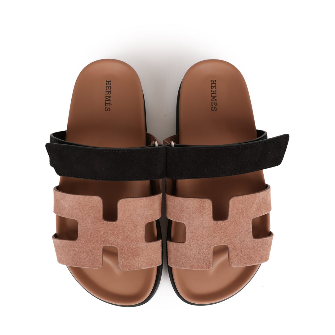 Top quality Hermes Chypre Sandals Rose Perle and Black Suede 38 EU