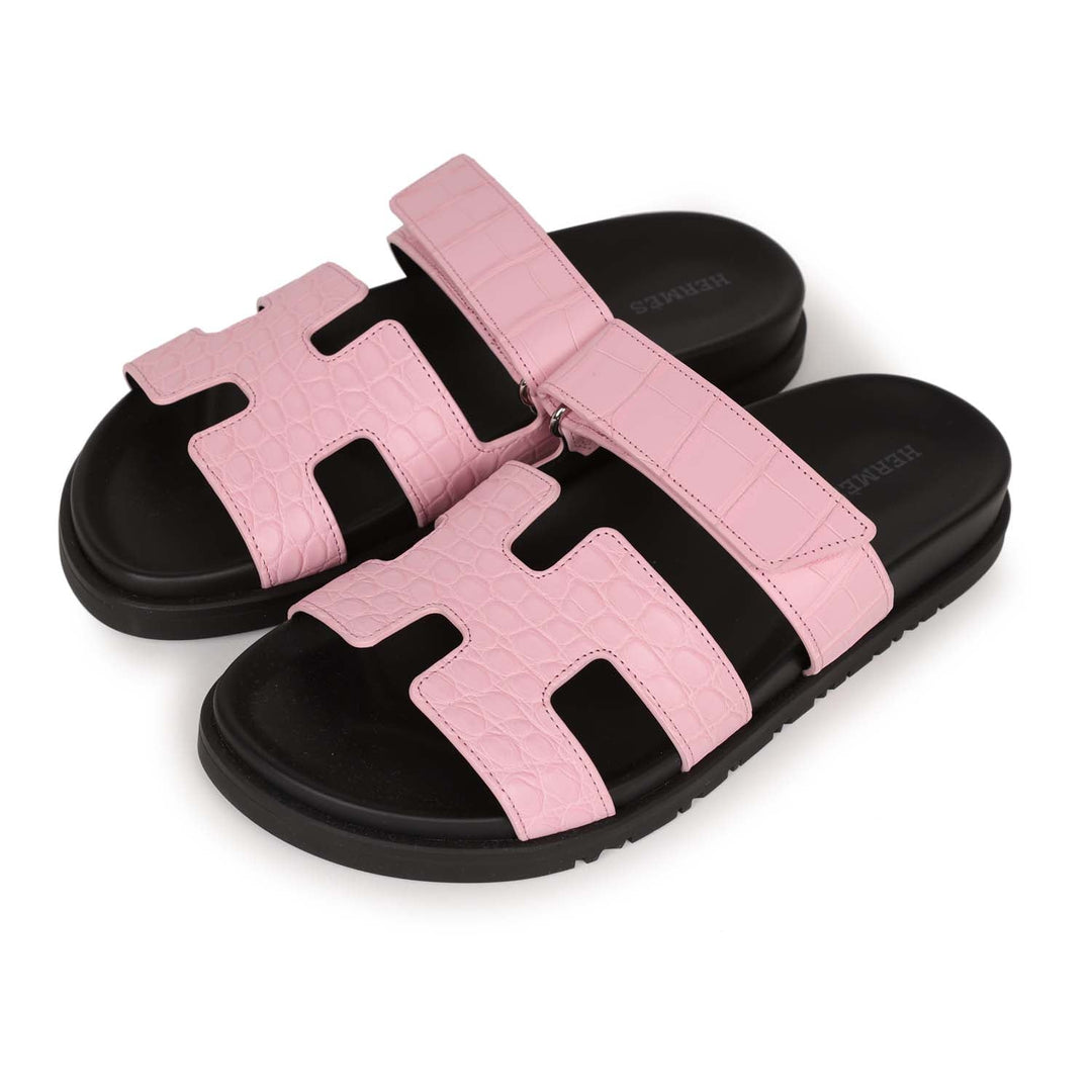 Top quality Hermes Chypre Techno Sandals Pink Matte Alligator Palladium Hardware 38