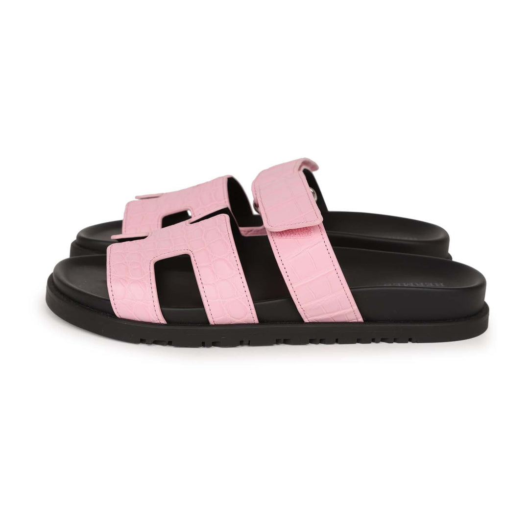 Top quality Hermes Chypre Techno Sandals Pink Matte Alligator Palladium Hardware 38
