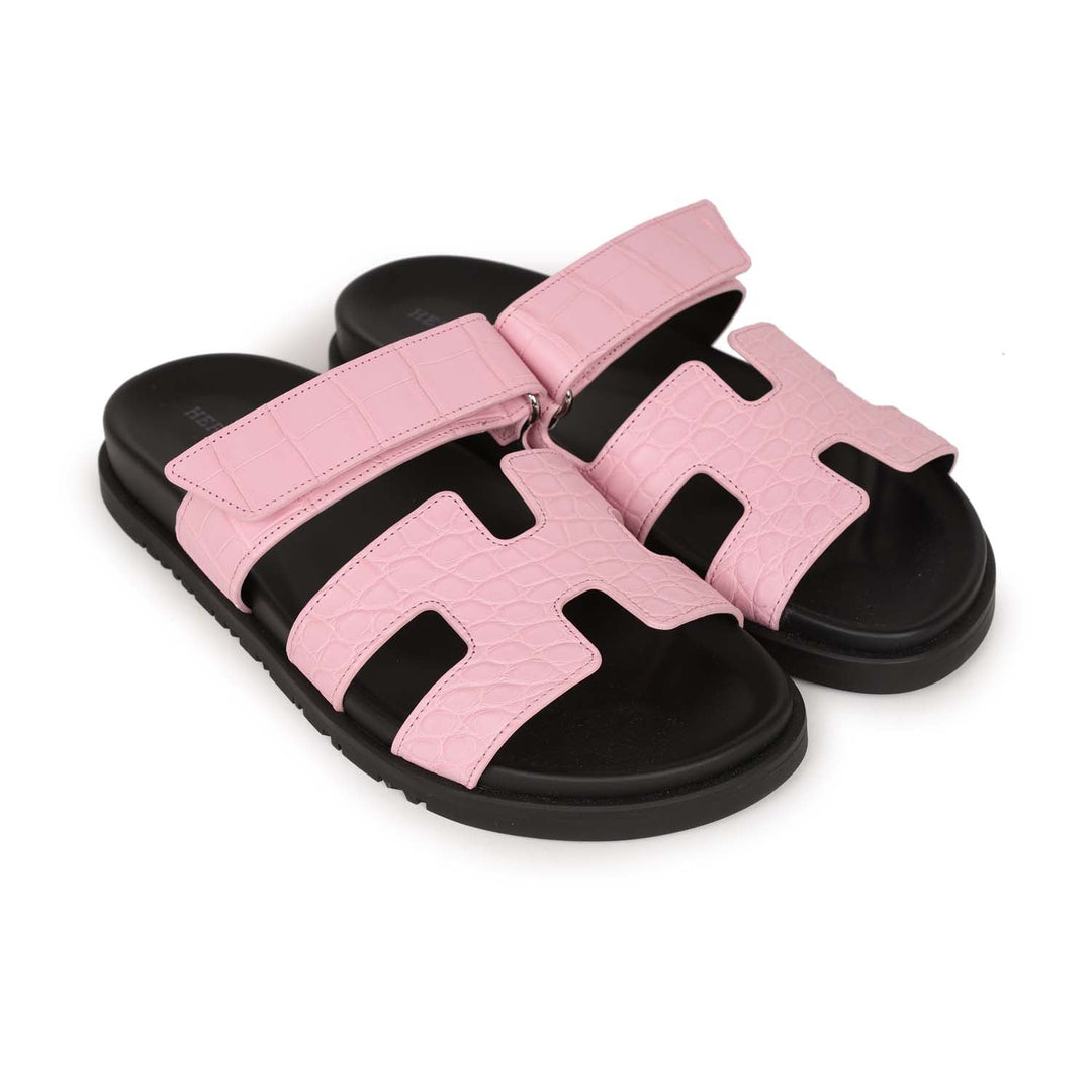 Top quality Hermes Chypre Techno Sandals Pink Matte Alligator Palladium Hardware 38