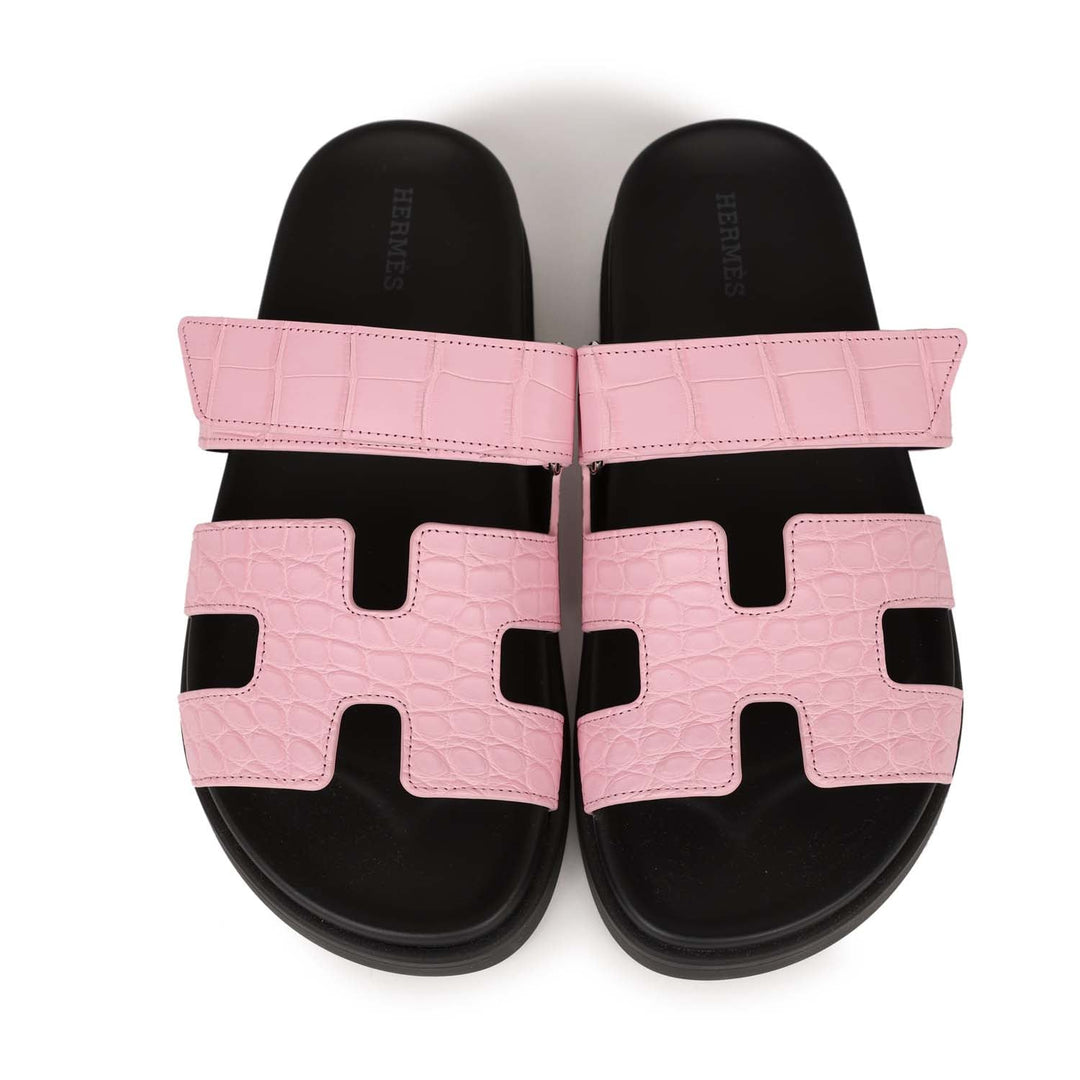 Top quality Hermes Chypre Techno Sandals Pink Matte Alligator Palladium Hardware 38