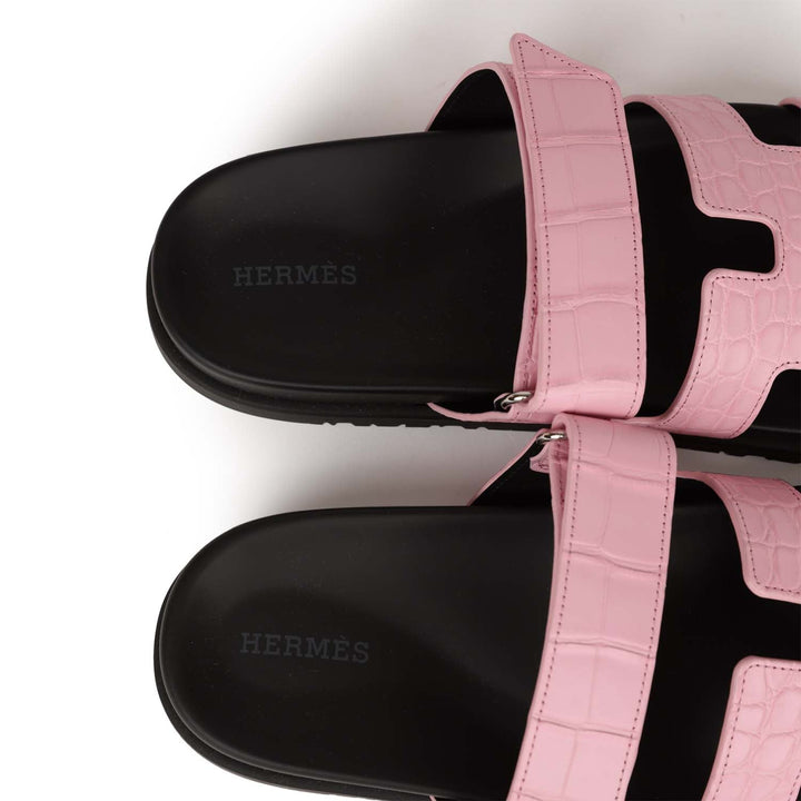 Top quality Hermes Chypre Techno Sandals Pink Matte Alligator Palladium Hardware 38
