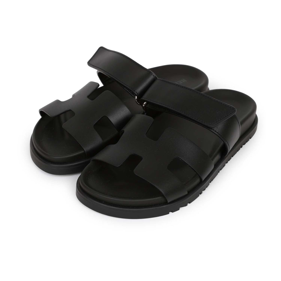Top quality Hermes Chypre Techno Sandals Black Calfskin Palladium Hardware 35