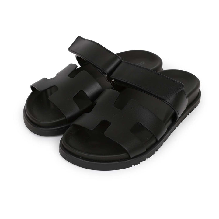 Top quality Hermes Chypre Techno Sandals Black Calfskin Palladium Hardware 35