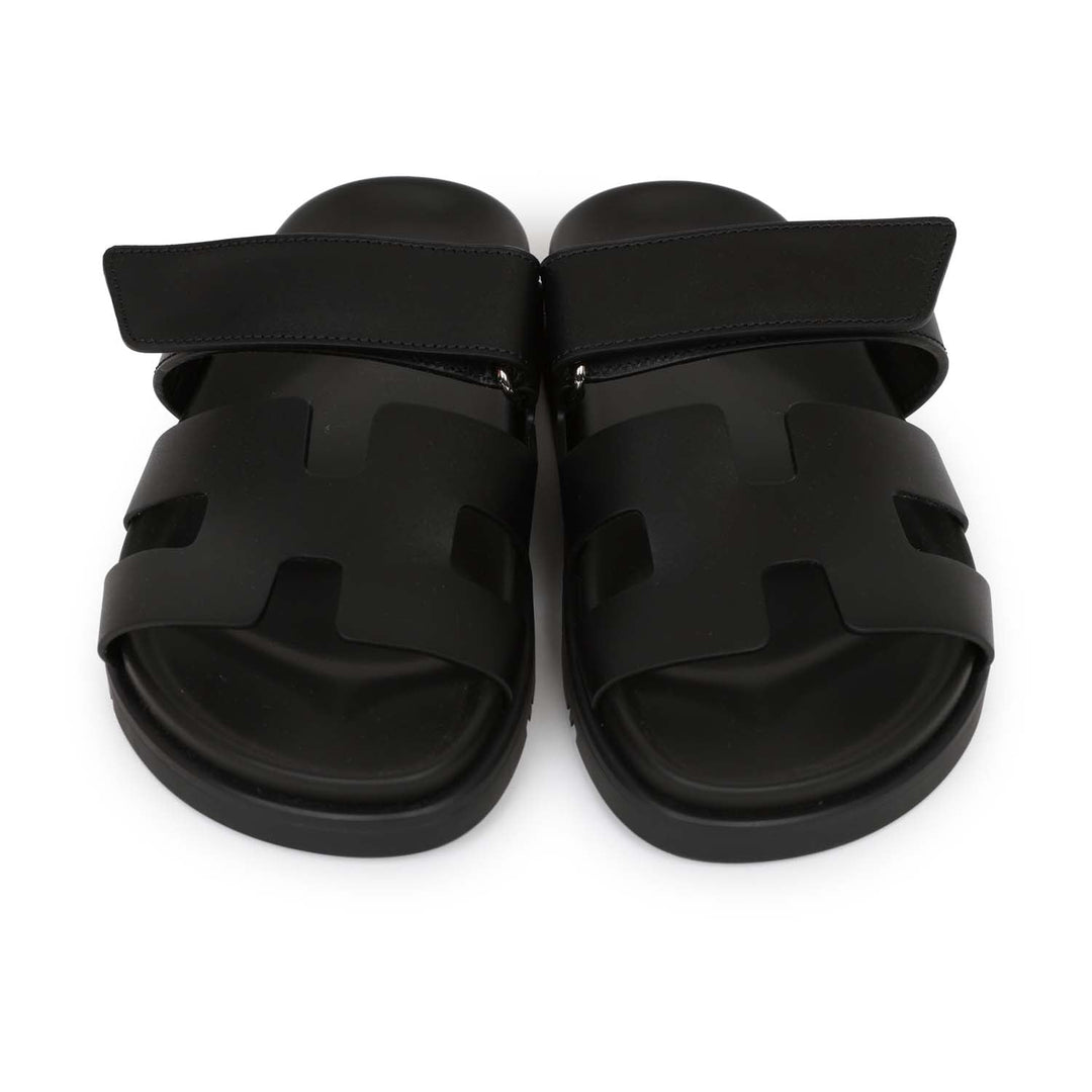 Top quality Hermes Chypre Techno Sandals Black Calfskin Palladium Hardware 35