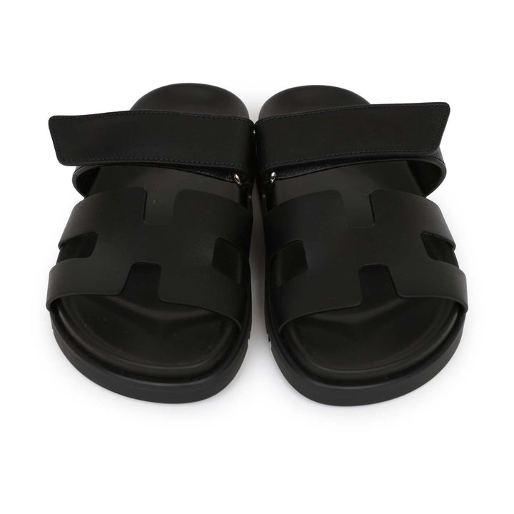 Top quality Hermes Chypre Techno Sandals Black Calfskin Palladium Hardware 35