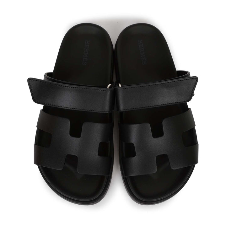 Top quality Hermes Chypre Techno Sandals Black Calfskin Palladium Hardware 35