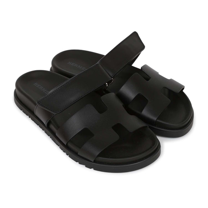 Top quality Hermes Chypre Techno Sandals Black Calfskin Palladium Hardware 35
