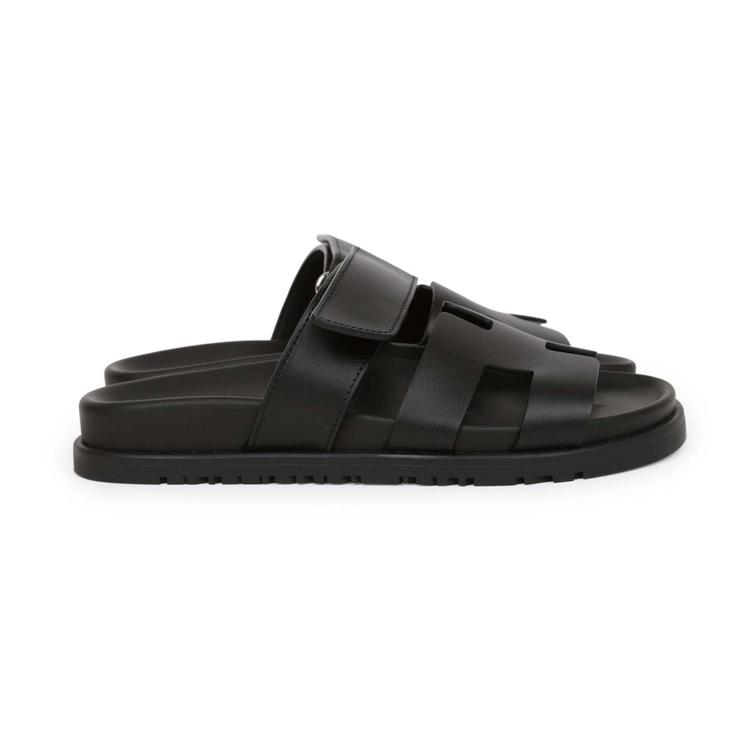 Top quality Hermes Chypre Techno Sandals Black Calfskin Palladium Hardware 35
