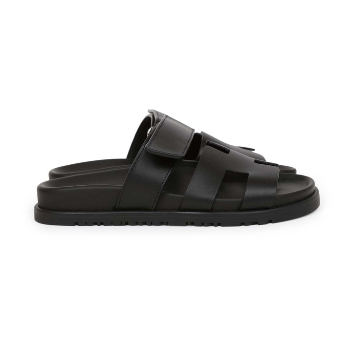 Top quality Hermes Chypre Techno Sandals Black Calfskin Palladium Hardware 35