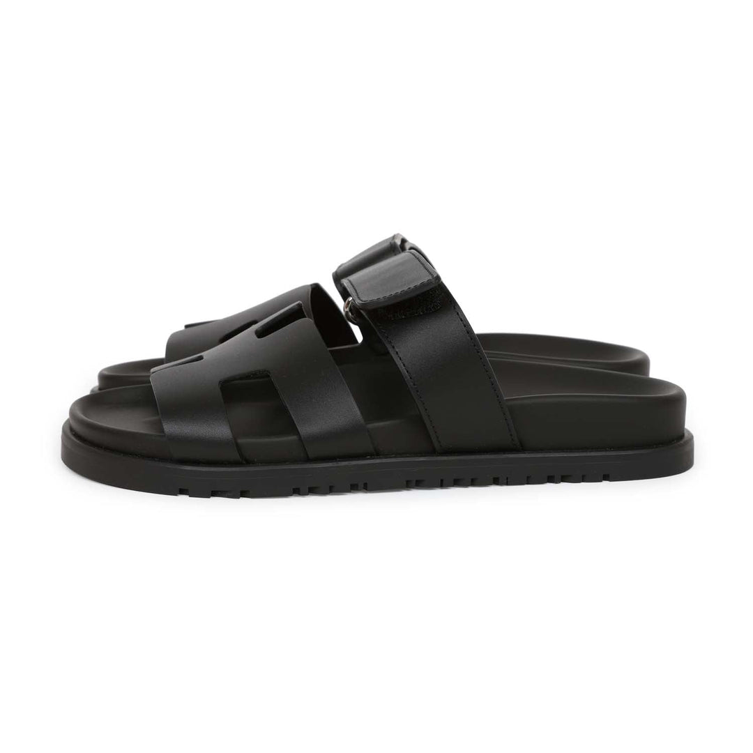 Top quality Hermes Chypre Techno Sandals Black Calfskin Palladium Hardware 35