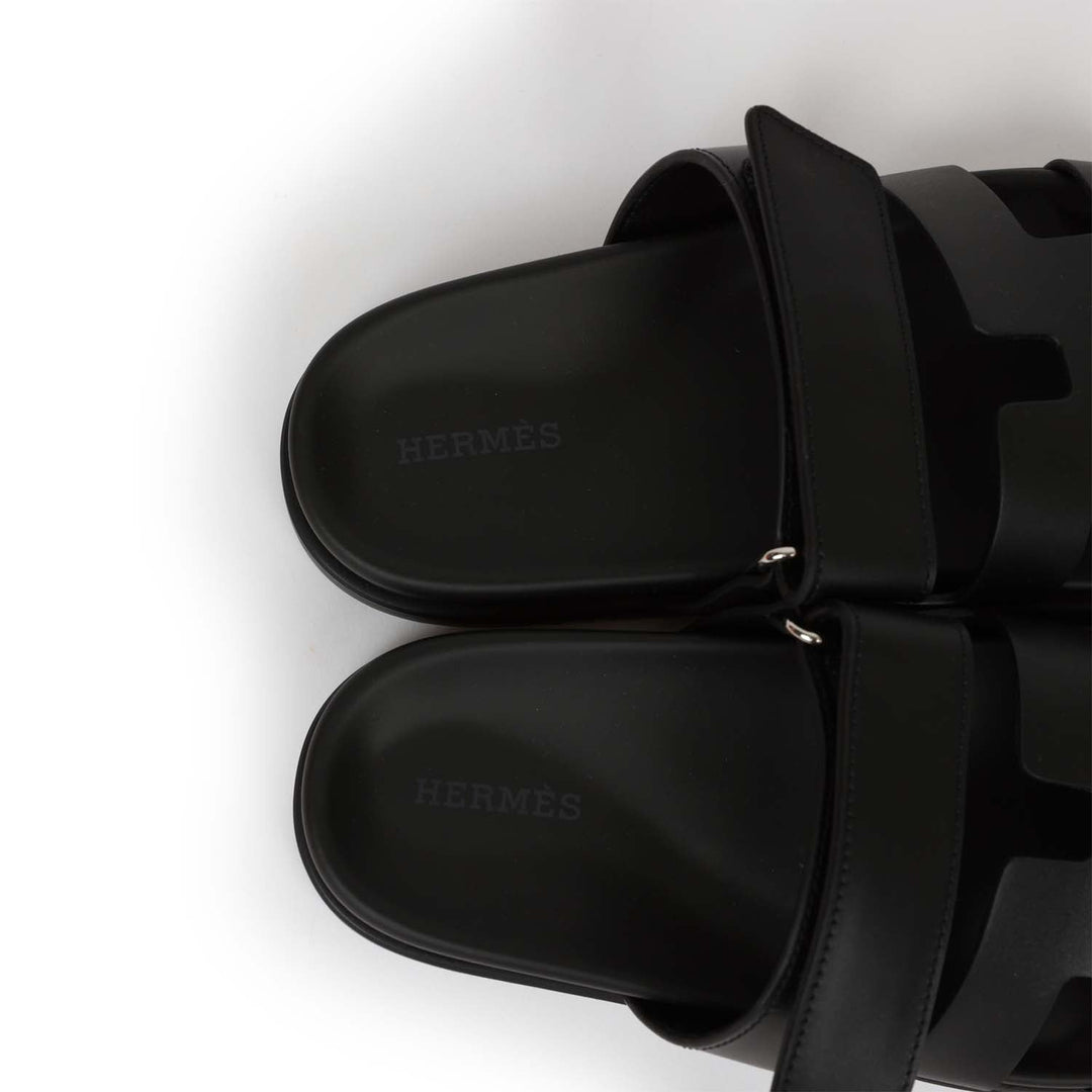 Top quality Hermes Chypre Techno Sandals Black Calfskin Palladium Hardware 35