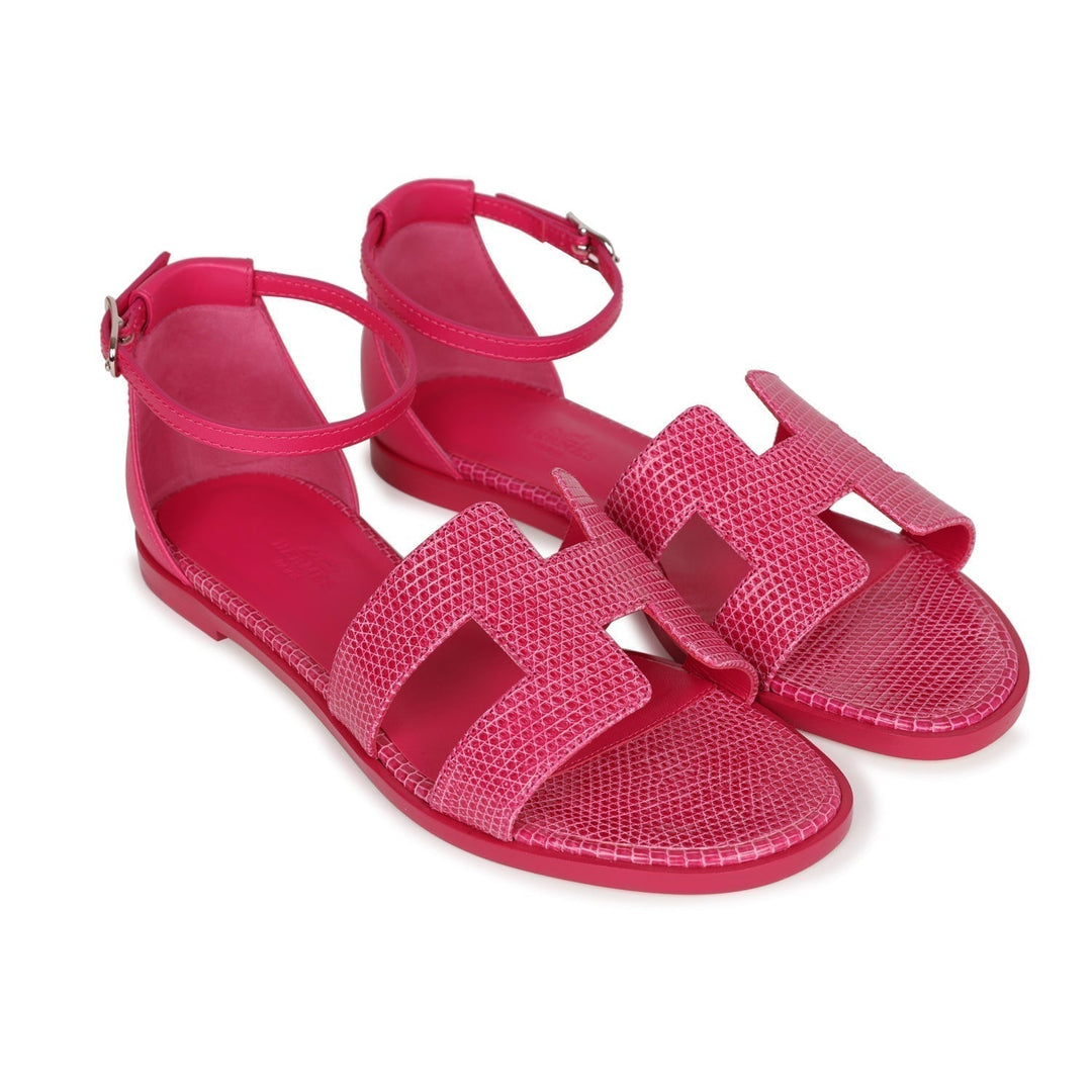 Top quality Hermes Santorini Sandals Rose Flash Lizard Palladium Hardware 36