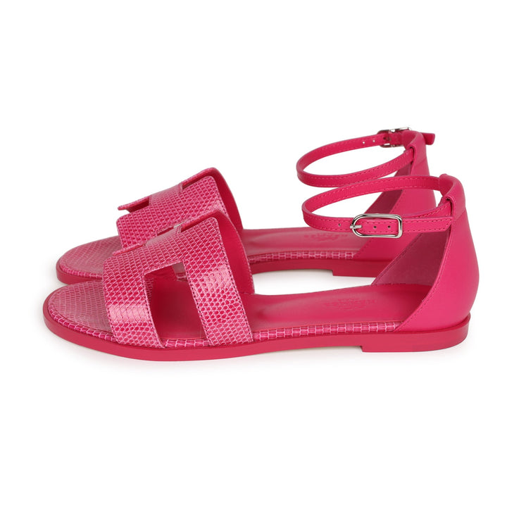 Top quality Hermes Santorini Sandals Rose Flash Lizard Palladium Hardware 36