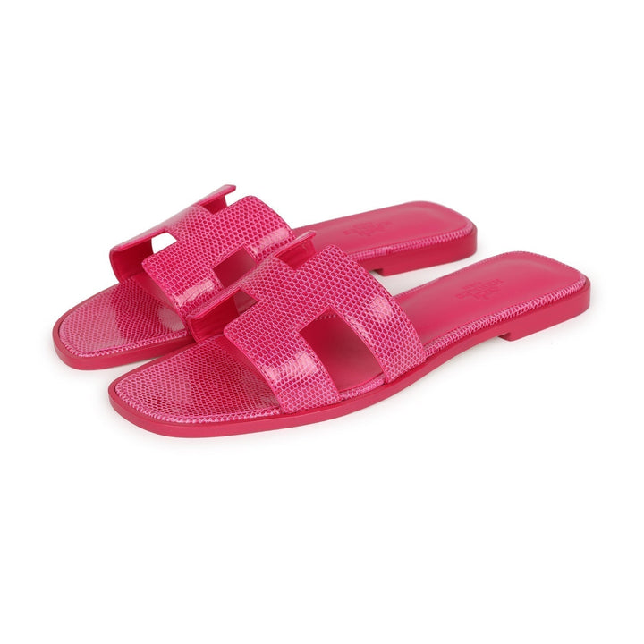 Top quality Hermes Oran Sandals Rose Flash Lizard 38.5