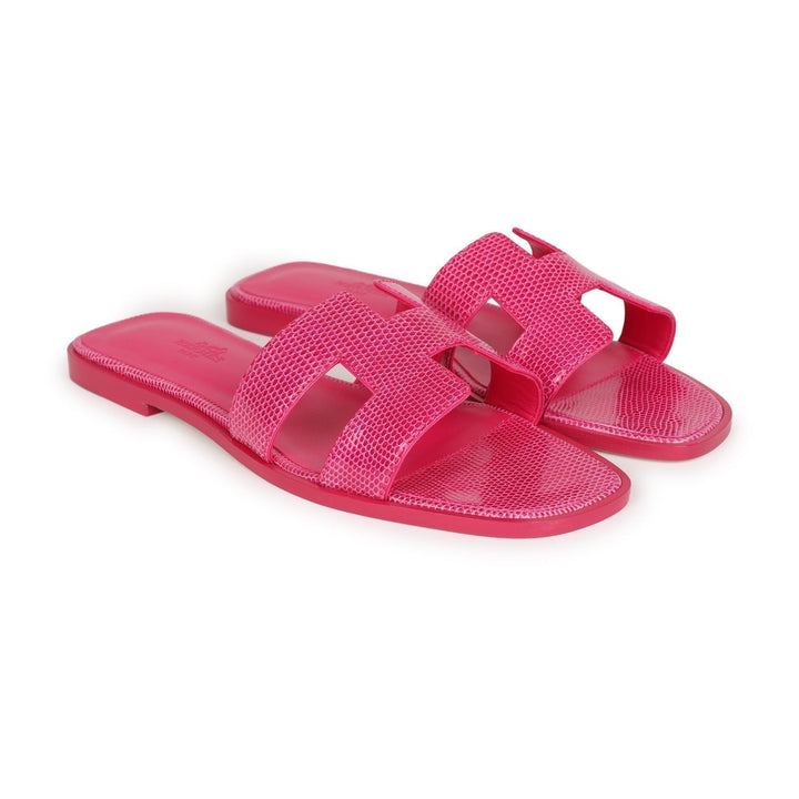 Top quality Hermes Oran Sandals Rose Flash Lizard 38.5