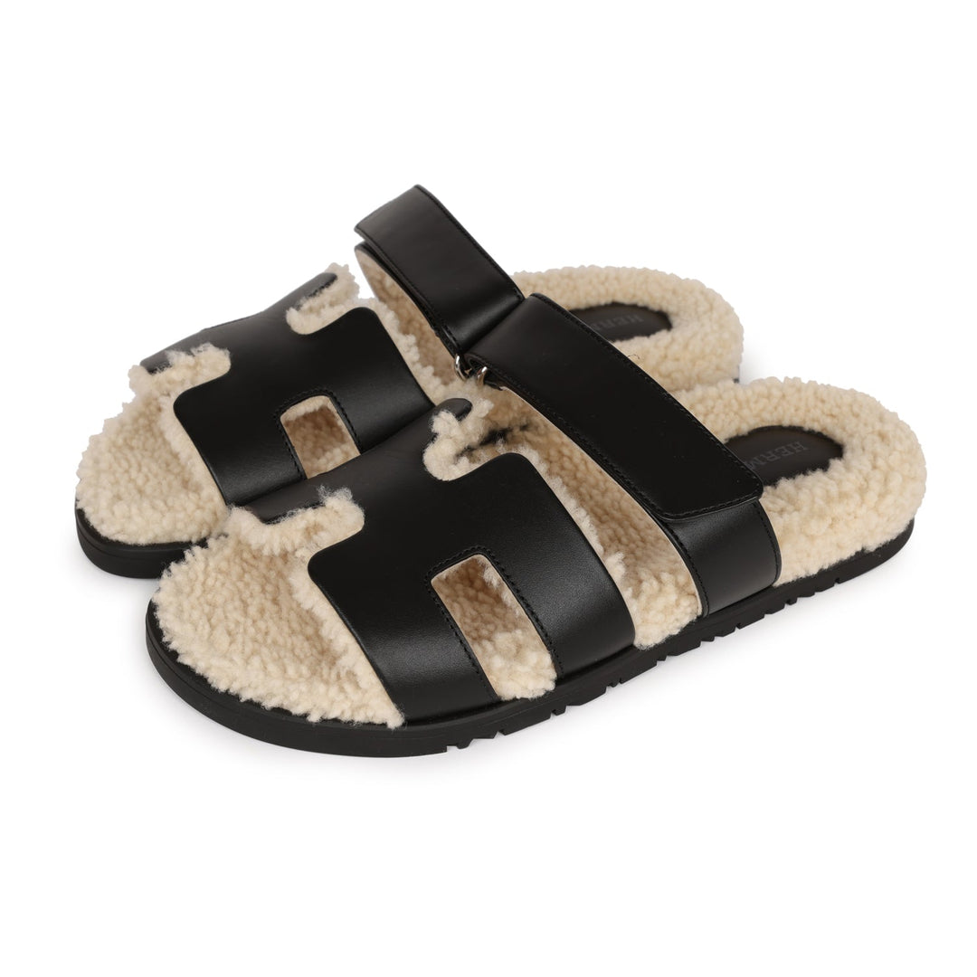 Top quality Hermes Chypre Techno Sandals Black and Ecru Shearling Palladium Hardware 37