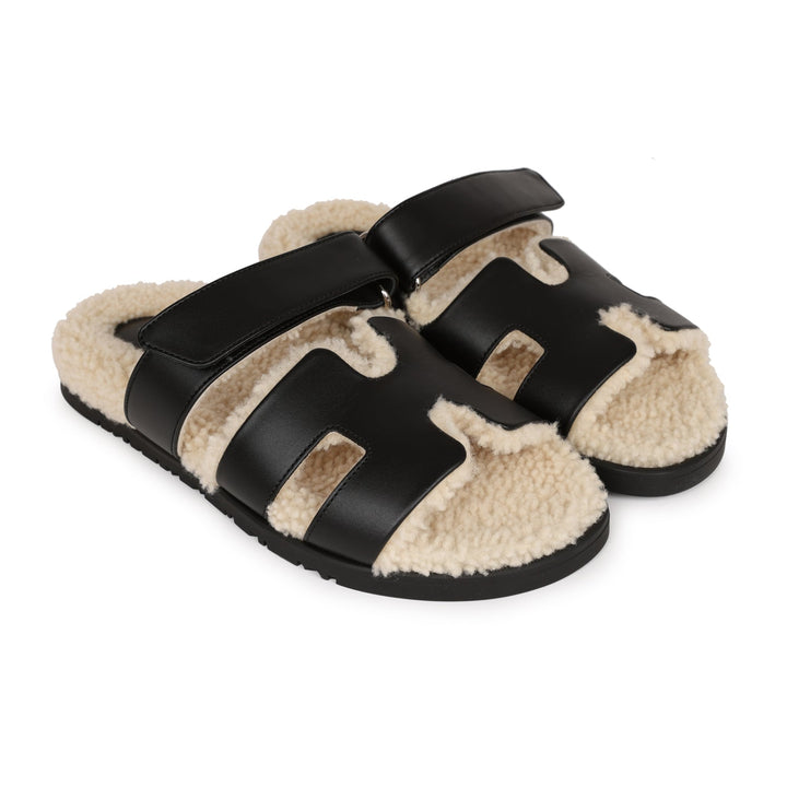 Top quality Hermes Chypre Techno Sandals Black and Ecru Shearling Palladium Hardware 37