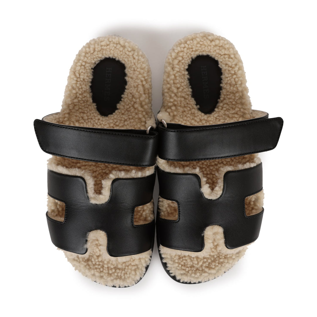 Top quality Hermes Chypre Techno Sandals Black and Ecru Shearling Palladium Hardware 37