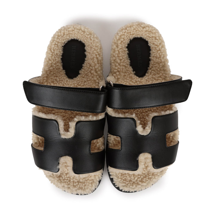 Top quality Hermes Chypre Techno Sandals Black and Ecru Shearling Palladium Hardware 37