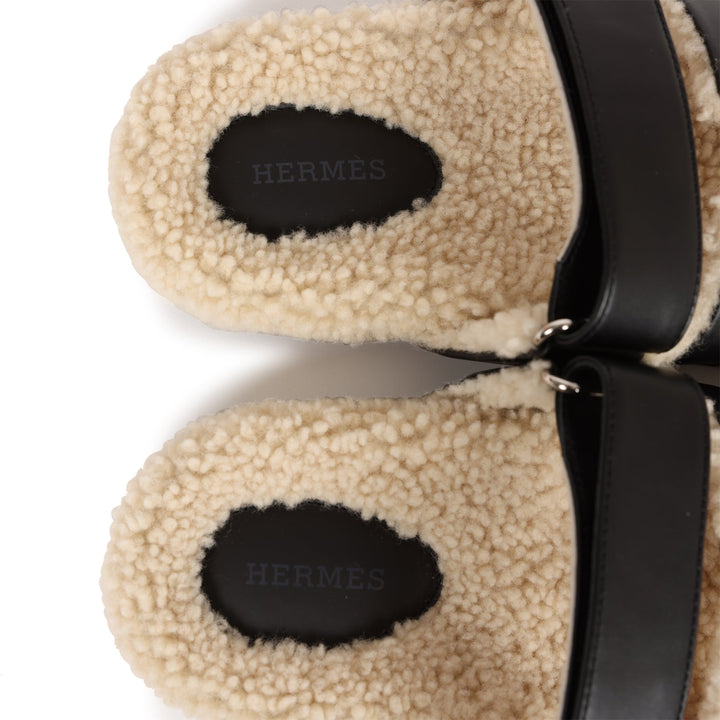Top quality Hermes Chypre Techno Sandals Black and Ecru Shearling Palladium Hardware 37