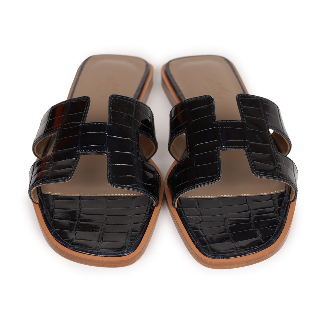 Top quality Hermes Oran Sandals Marine Shiny Alligator 37