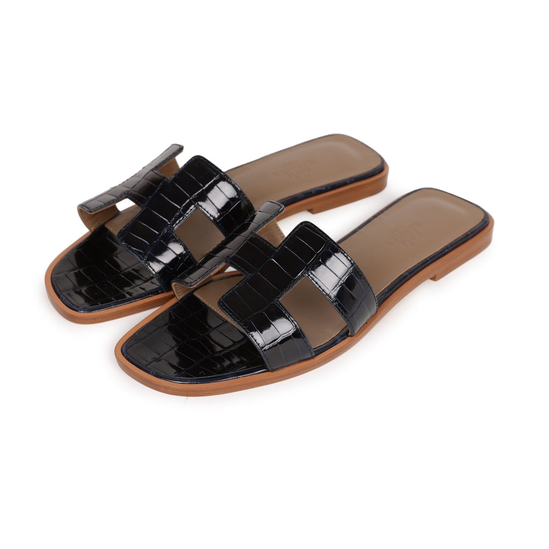 Top quality Hermes Oran Sandals Marine Shiny Alligator 37
