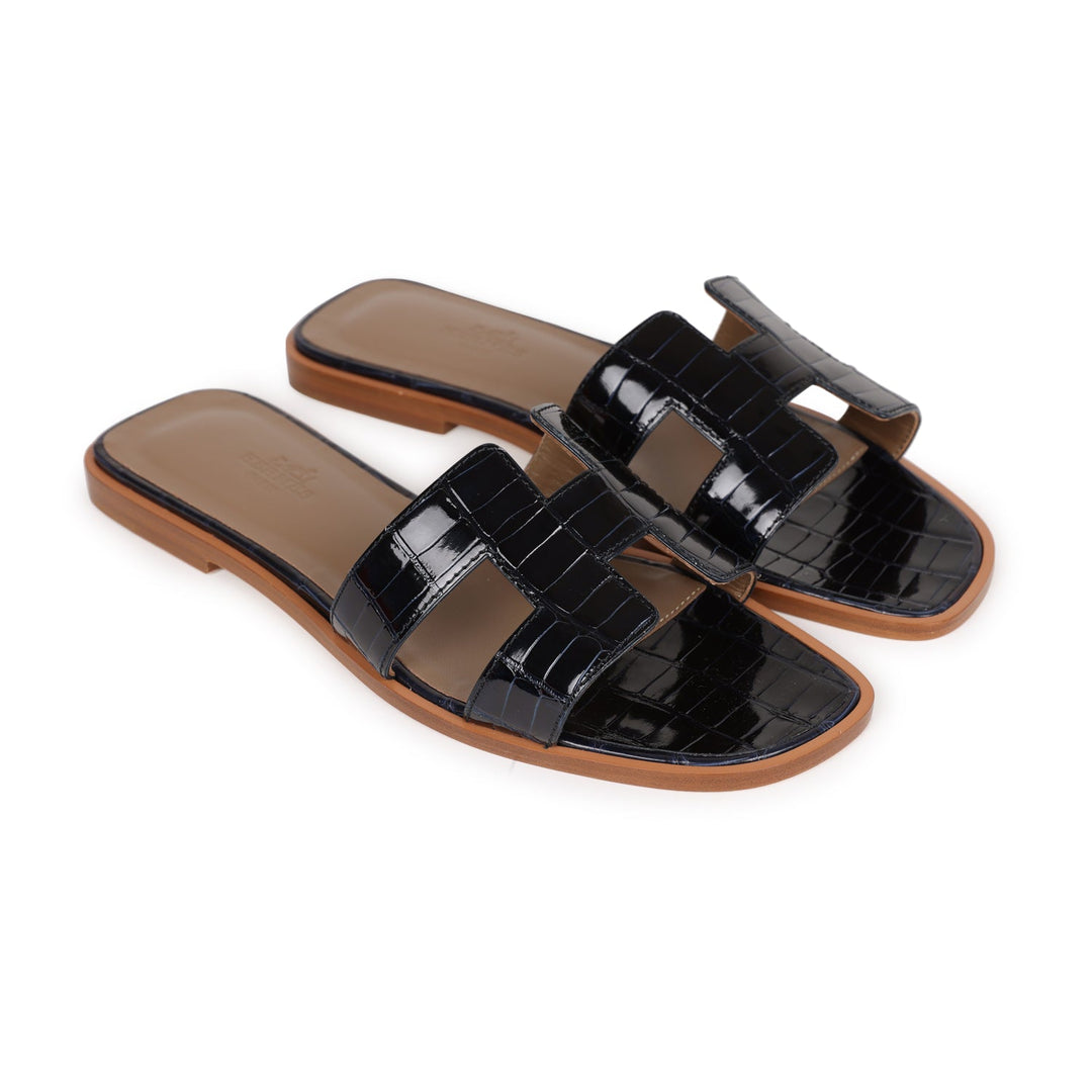 Top quality Hermes Oran Sandals Marine Shiny Alligator 37