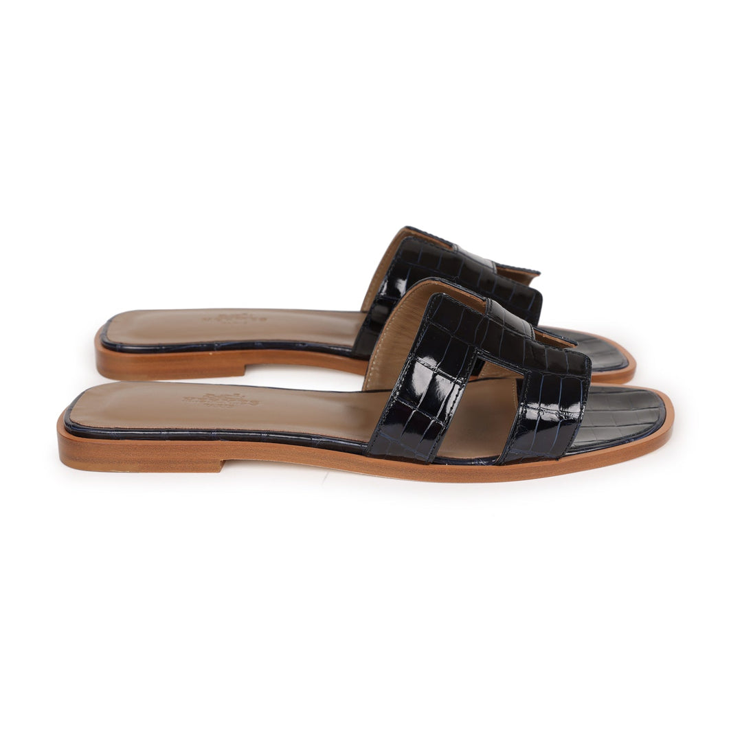 Top quality Hermes Oran Sandals Marine Shiny Alligator 37