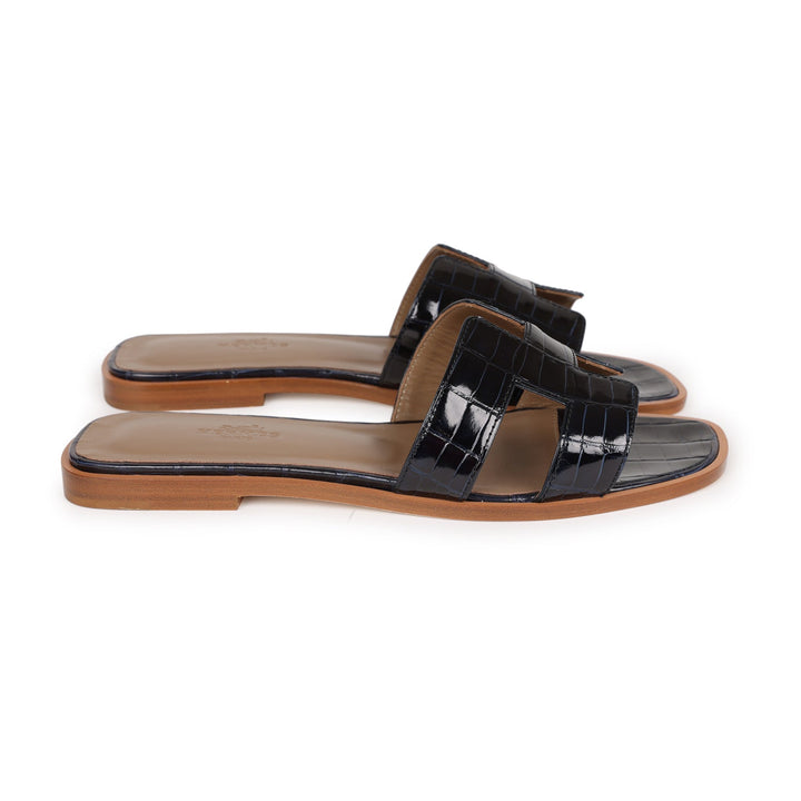 Top quality Hermes Oran Sandals Marine Shiny Alligator 37
