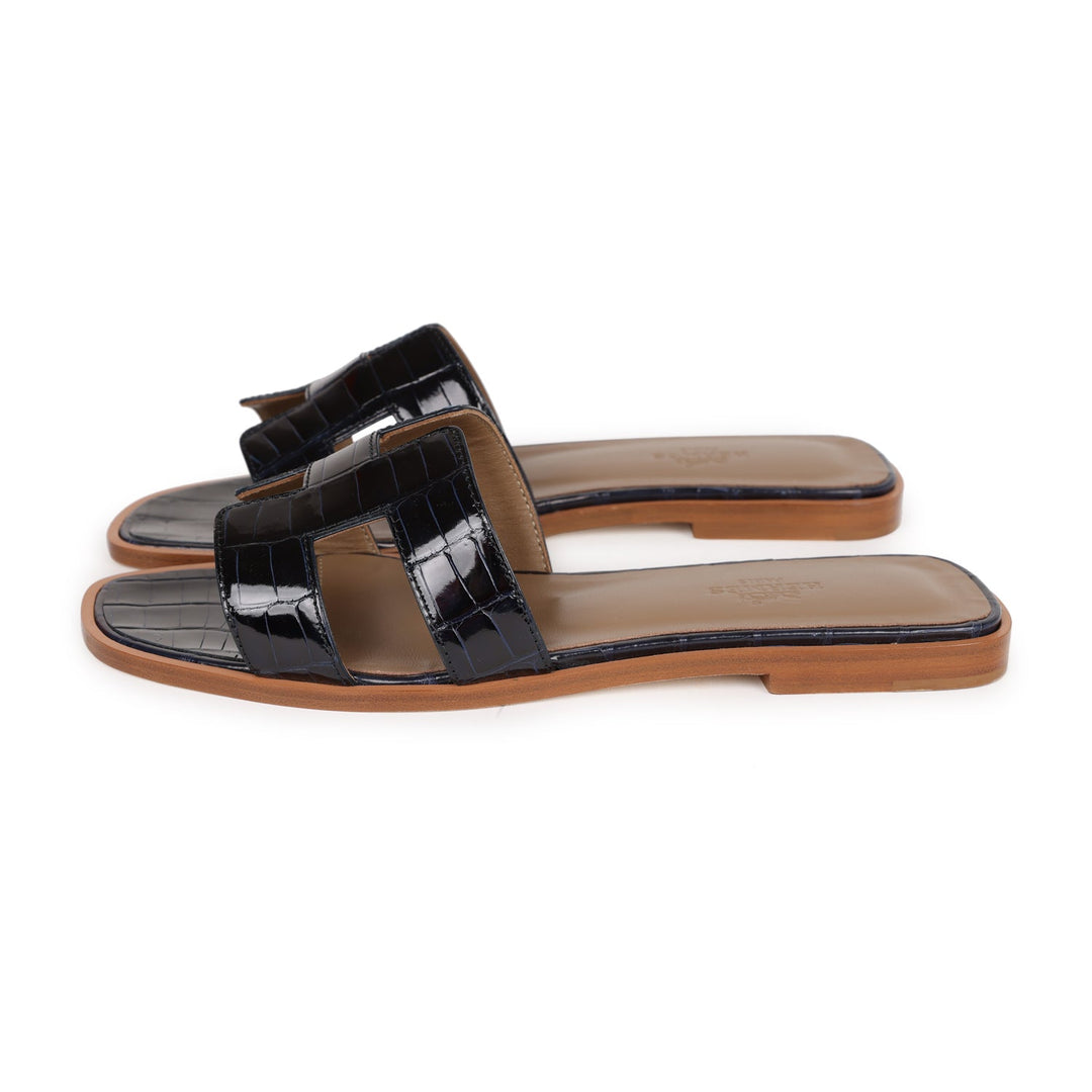 Top quality Hermes Oran Sandals Marine Shiny Alligator 37