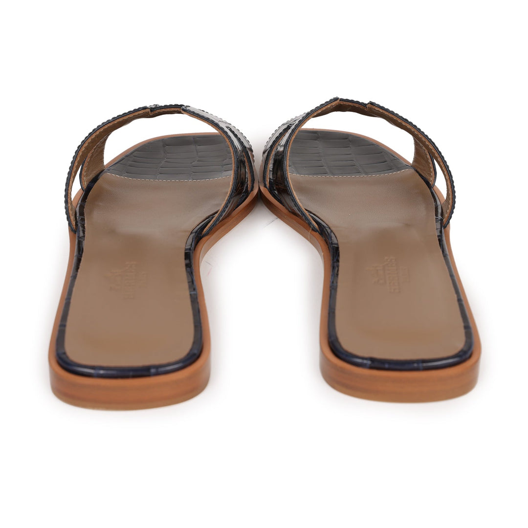 Top quality Hermes Oran Sandals Marine Shiny Alligator 37