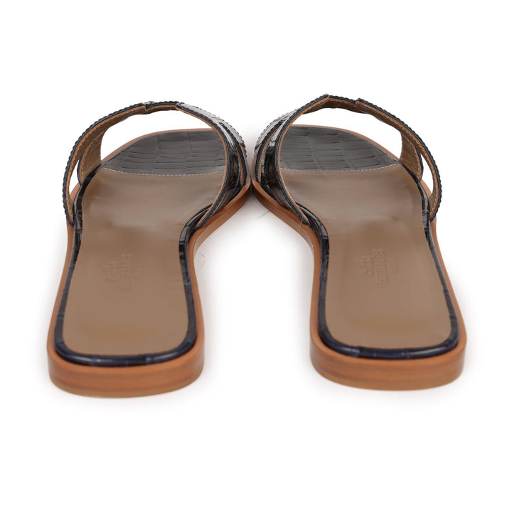 Top quality Hermes Oran Sandals Marine Shiny Alligator 37