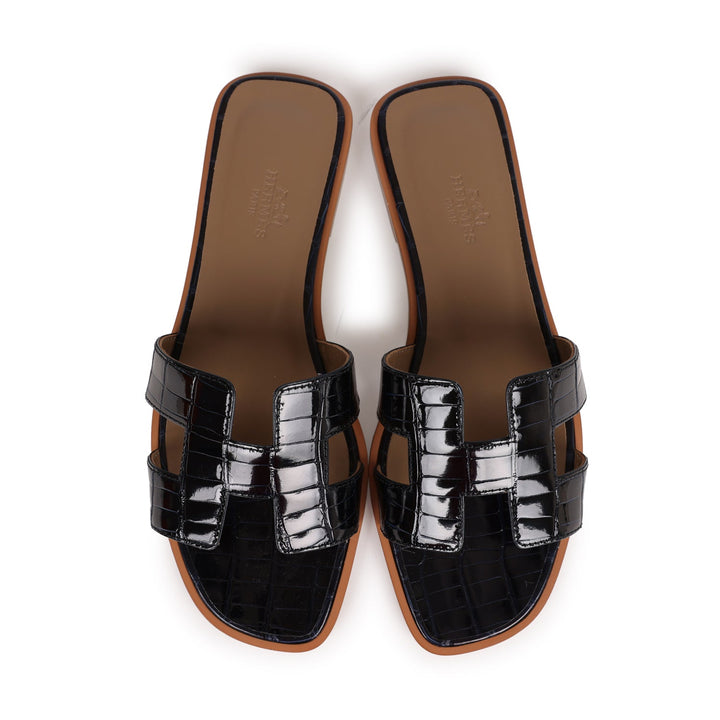 Top quality Hermes Oran Sandals Marine Shiny Alligator 37