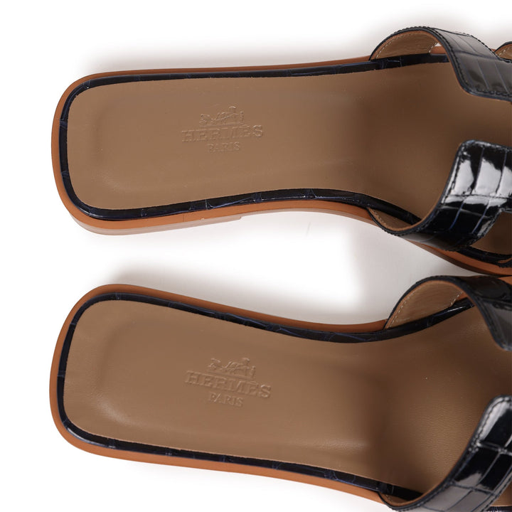 Top quality Hermes Oran Sandals Marine Shiny Alligator 37