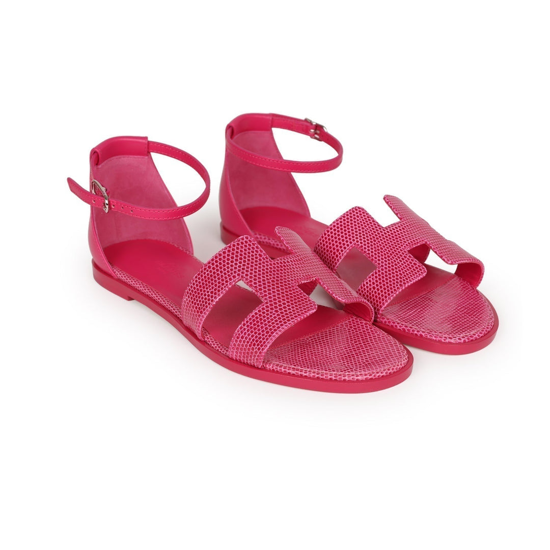 Top quality Hermes Santorini Sandals Rose Flash Lizard Palladium Hardware 37
