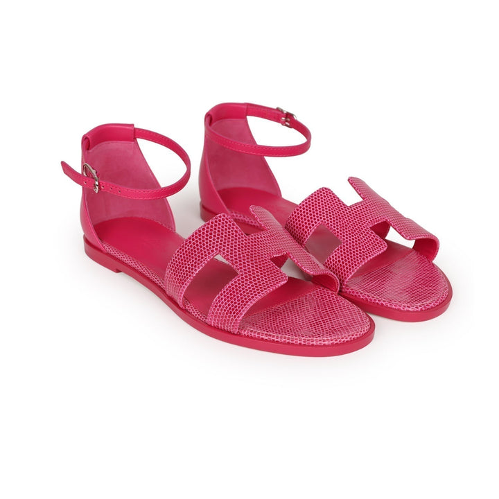 Top quality Hermes Santorini Sandals Rose Flash Lizard Palladium Hardware 37